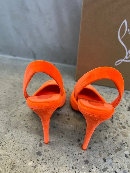 Christian Louboutin Bright Orange Suede Slingback Pumps - Picture 3 of 5